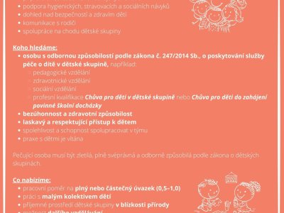 Nabídka pracovní pozice: Pečující osoba do dětské skupiny